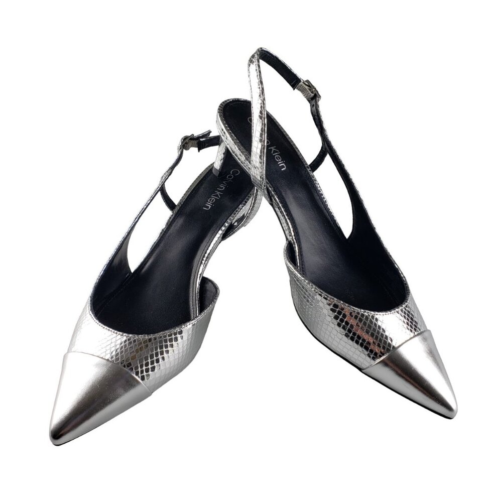Calvin Klein Slingback Silver 2” Heels 9 Pointy Toe Worn Once Like New Condition - Picture 3 of 10